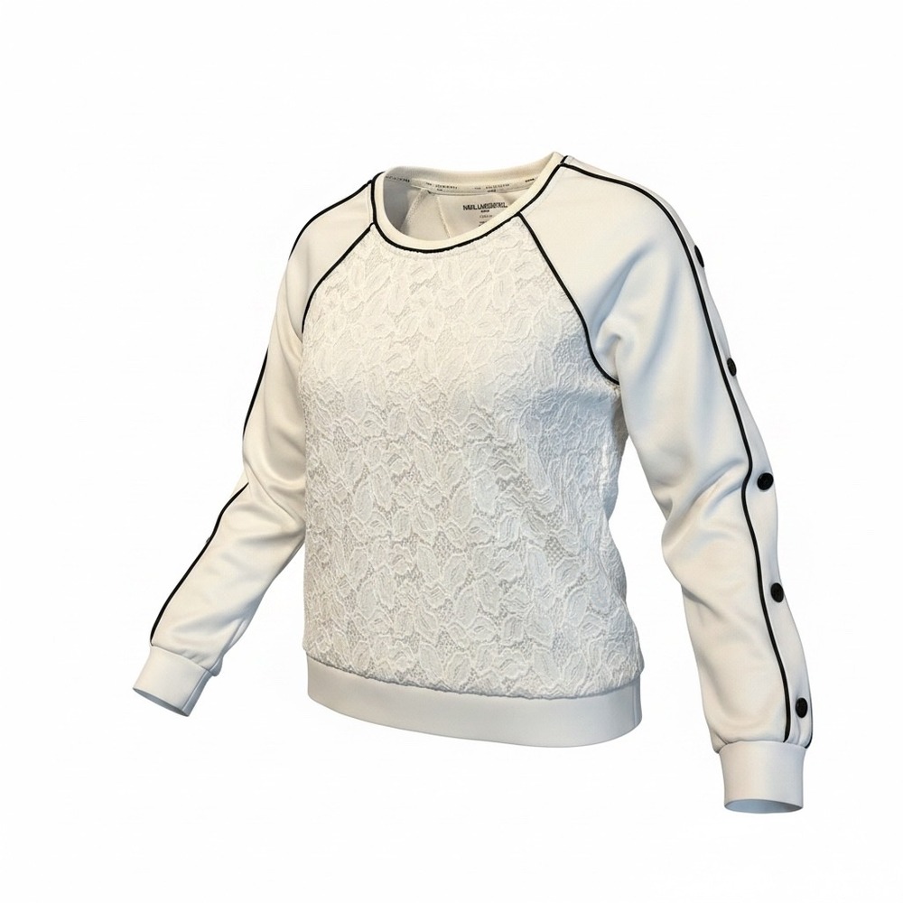 Karl Lagerfeld Paris White Lace Front Sweatshirt Button‎ Sleeve Pullover Small